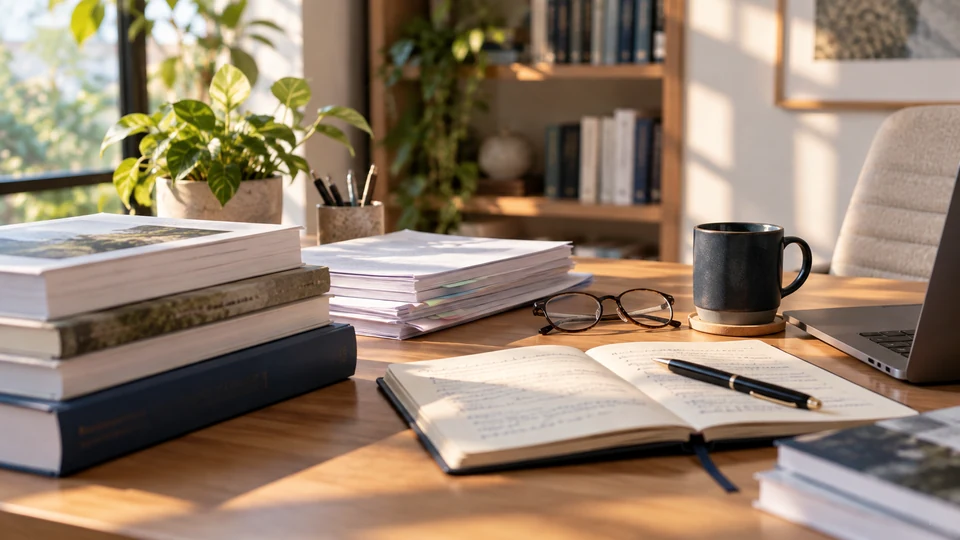 Mesa de estudio con libros, un cuaderno abierto y un portátil (imagen ilustrativa)