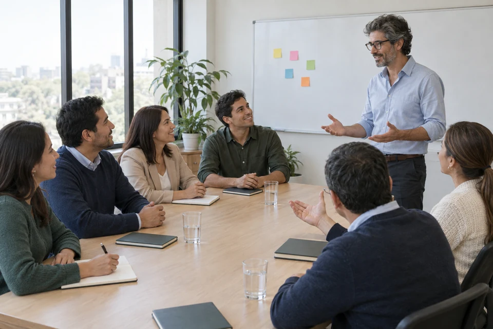 Un facilitador conversa con un equipo de empresa en una sala de reuniones (imagen ilustrativa)